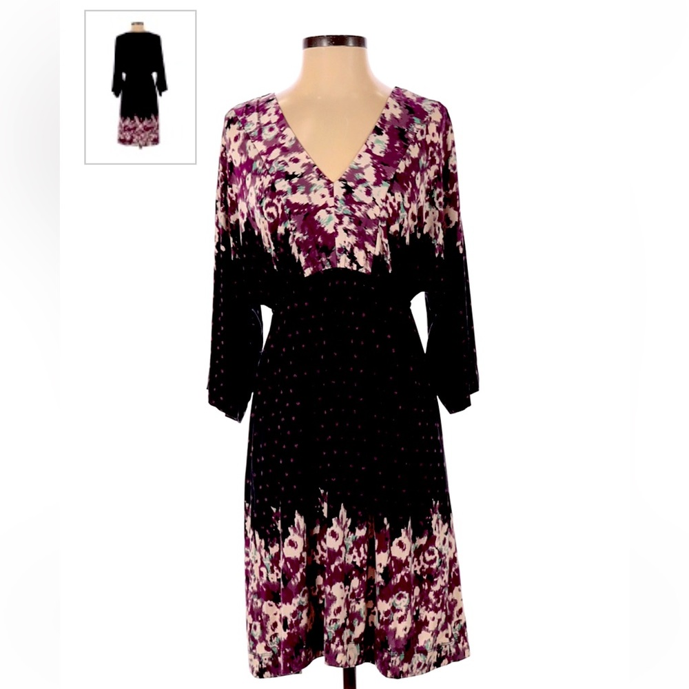 Soma v neck casual dress purple black floral pullover elastic waist band size S